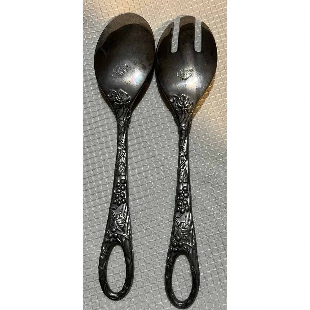 Vintage LENOX Salad Serving Utensil 2 Pc Set Pewter Grape vine pattern